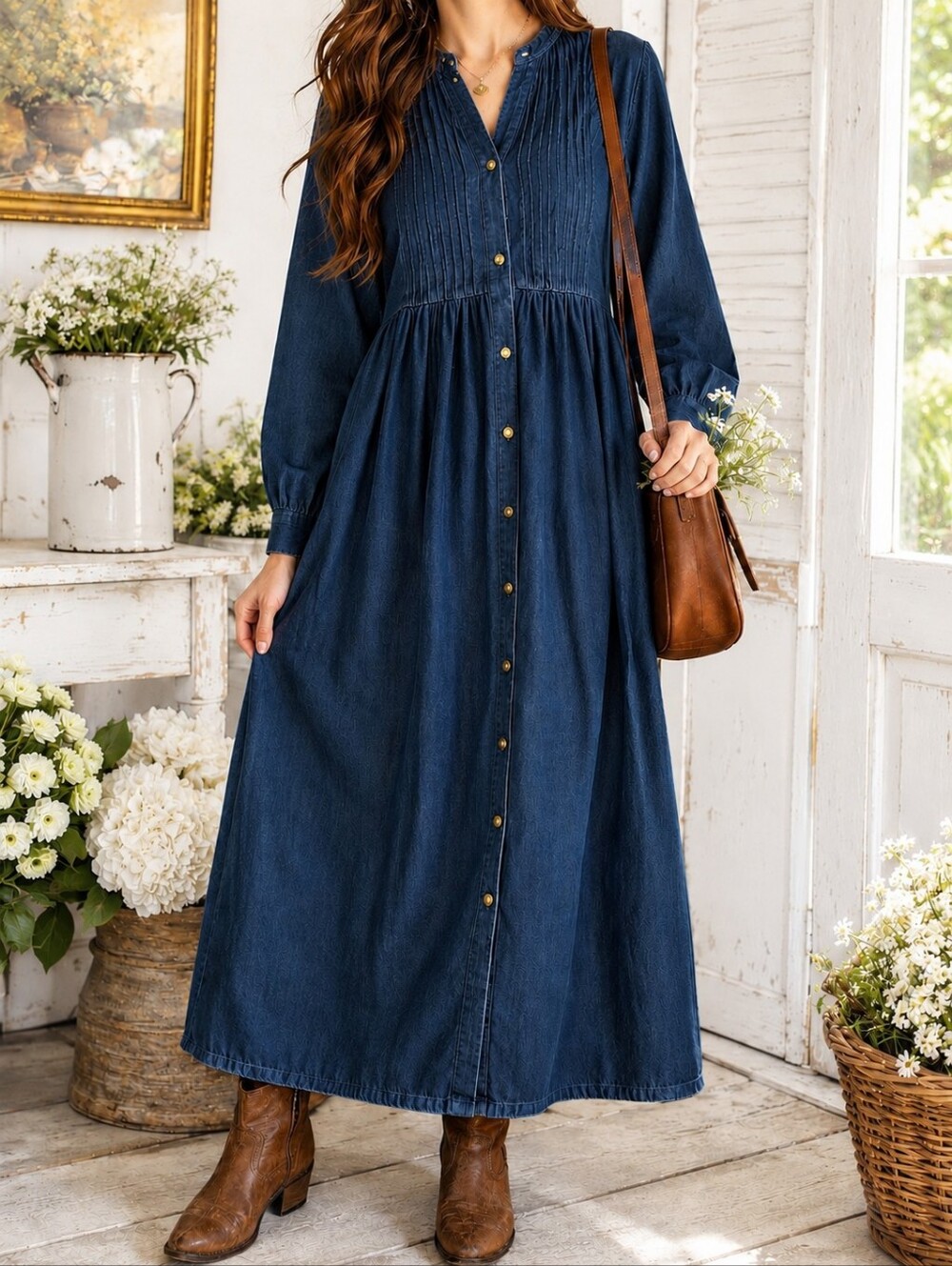 Woman Within Denim Maxi Dress 20W 100% Cotton Button Front Pintuck Pockets